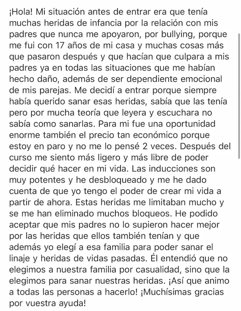Testimonio del programa Las 5 Heridas del Alma sobre crecimiento personal y resultados: Después del programa me siento más ligera y libre en mi vida
